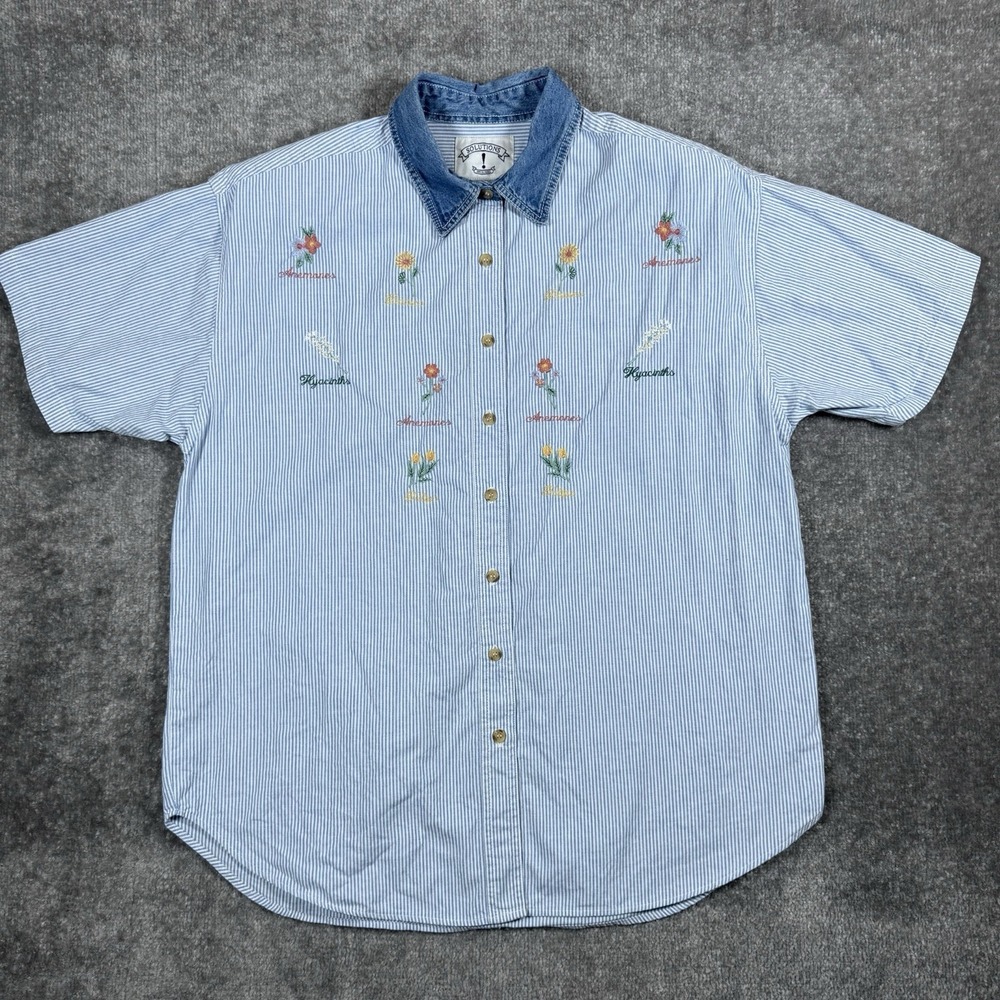 VTG Solutions Shirt Women's Large Blue Striped Embroidered Floral Short Sleeve